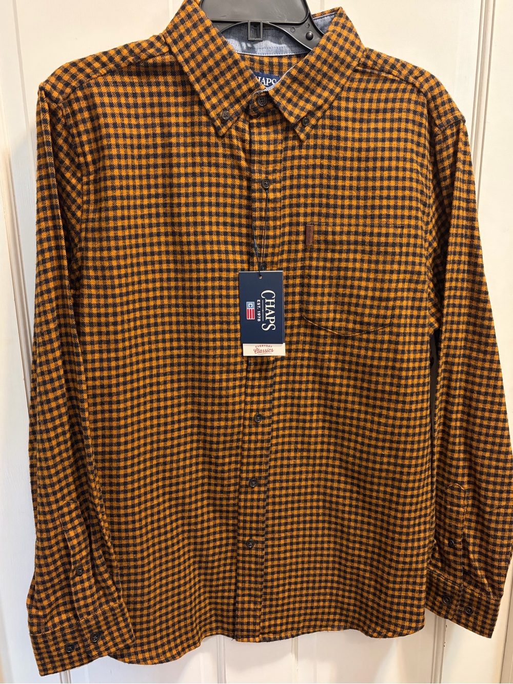 NWT Chaps Men’s Orange and Black Check Button-Down Shirt with Pocket - Size M